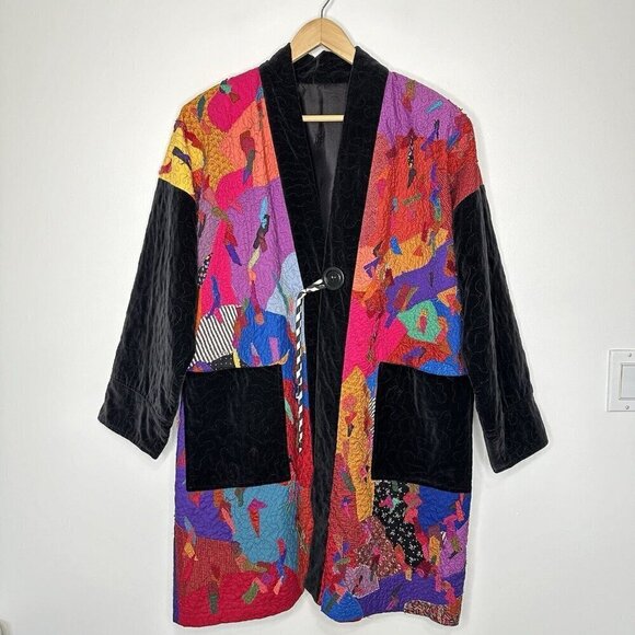 Statement Jacket Kimono Crazy Patchwork Colorful Art To Wear XL Boho Eclectic - Picture 1 of 11